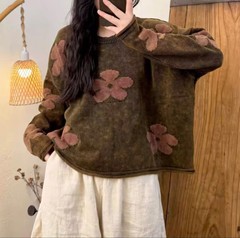 印花针织衫女装 秋款 复古文艺宽松休闲百搭炒色做旧圆领套头毛衣