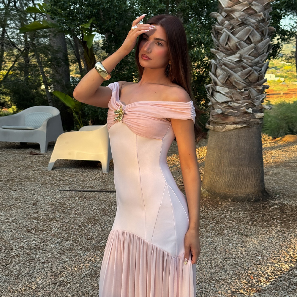 Backless Mesh Detail Long Dress, Slim Fit Pleated Backless Mesh Detail Long Dress, Slim Fit Pleated