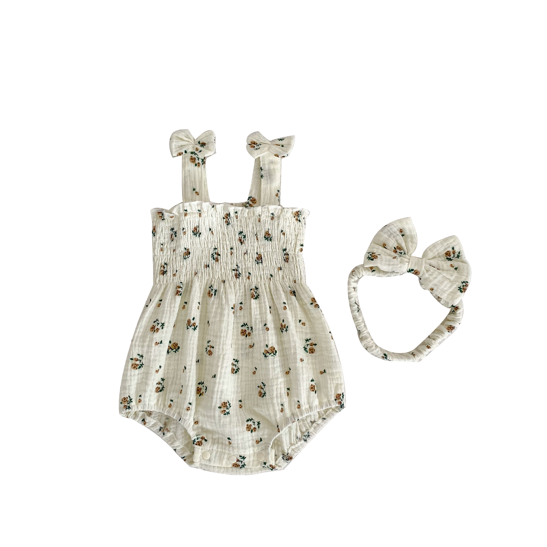 Verano niña arco Correa mameluco estilo occidental pequeño floral sin mangas vaina bebé mono mameluco