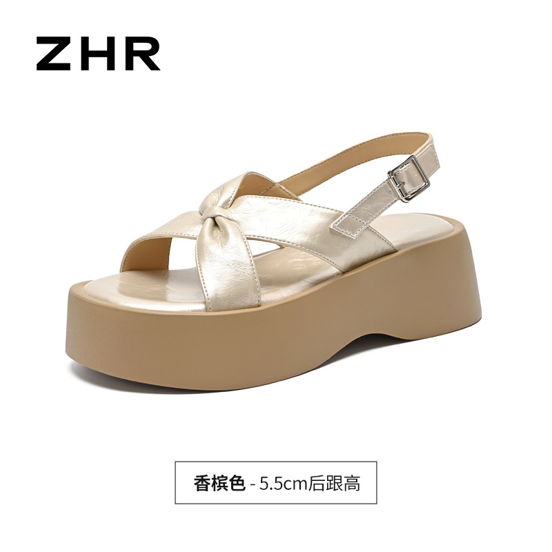 Sandal đế dày nữ phong cách La Mã, tăng chiều cao, đi biển dạo phố — KN332 Màu sâm banh