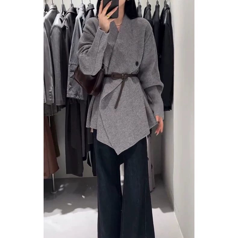 设计感收腰气质针织毛衣外套女新款秋冬色中长款外搭开衫厚|undefined
