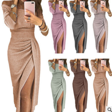 European and American Amazon Ebay Women's Hip-Hugging Slit One-Line Collar Dress Sparkling Dress Evening Dress