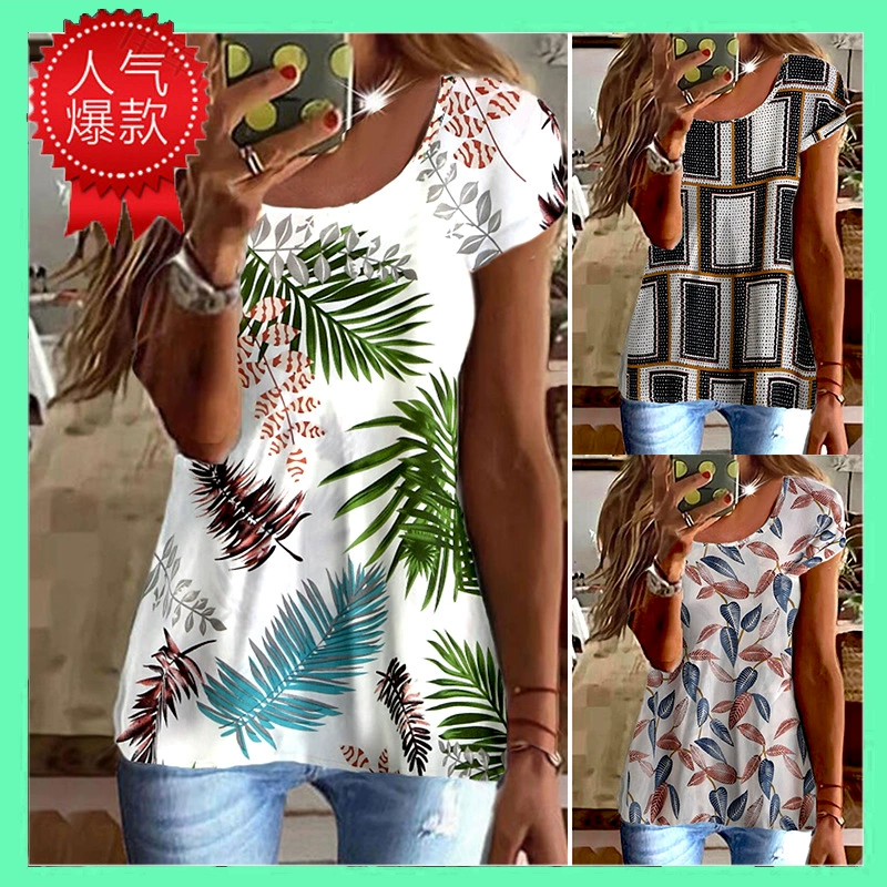 2023 AliExpress Новая Внешняя торговля Женская элегантная Европейская и американская шифоновая рубашка с коротким рукавом больших размеров с принтом, футболка больших размеров, Топ
