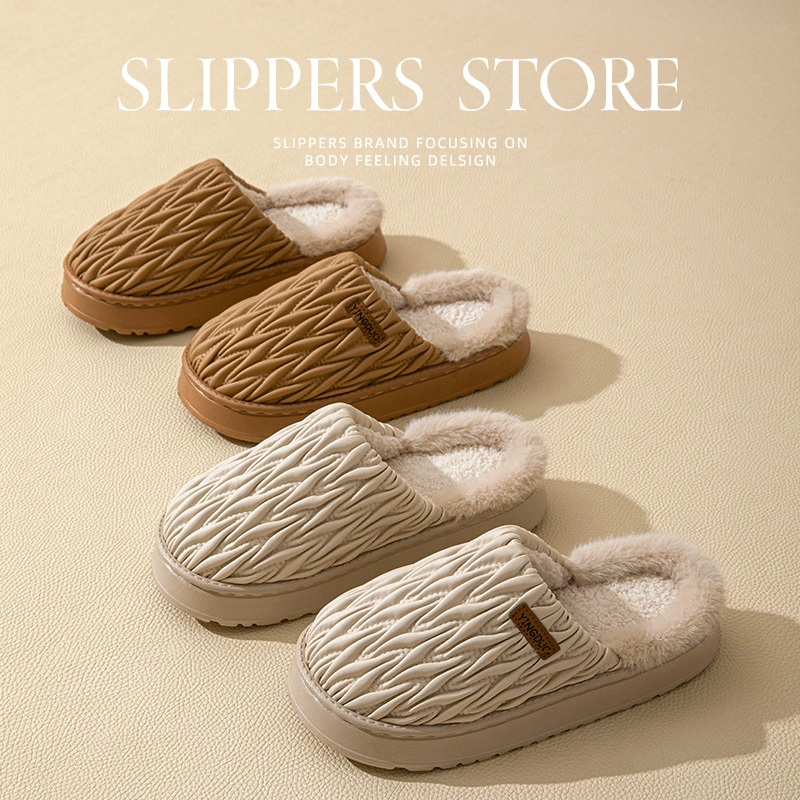 PU кожа водонепроницаемый хлопчатобумажные тапочки женский зимний 2024 новый интерьер для домашнего противоскользящего тепла на толстой подошвы носить мужские тапочки