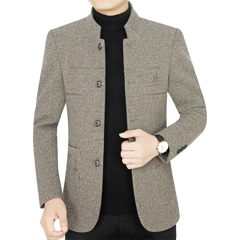 Chaqueta de lana gruesa para hombres de mediana edad, otoño e invierno 2025, cuello alto, estilo casual de negocios, abrigo de lana para papá