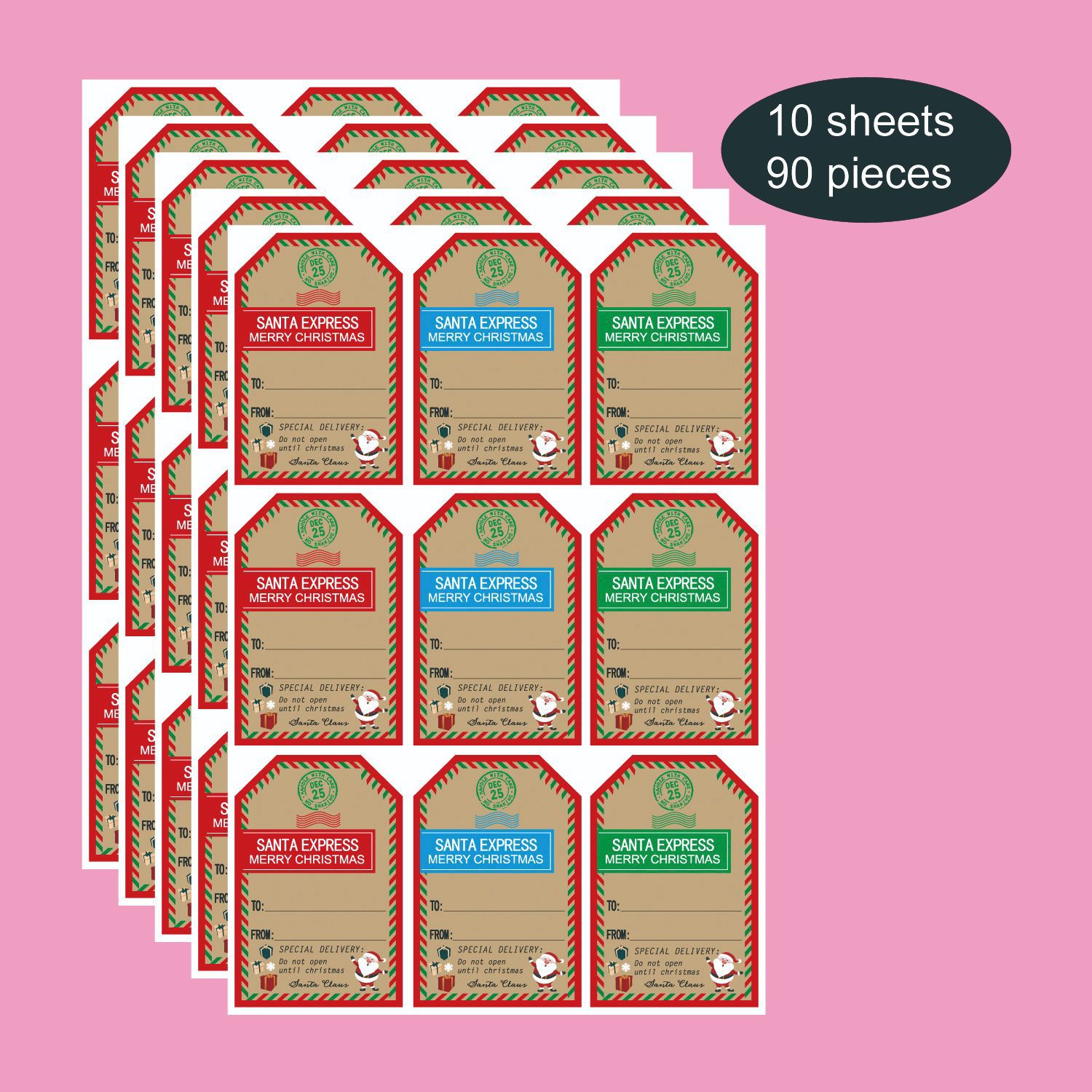 90PCS，3*2英寸，圣诞主题贴纸，圣诞老人，圣诞列车标签贴纸