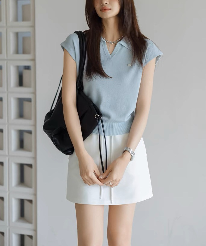 Áo polo nữ ngắn tay cổ bẻ chất liệu linen pha sợi dệt kim — màu đen chi tiết 6