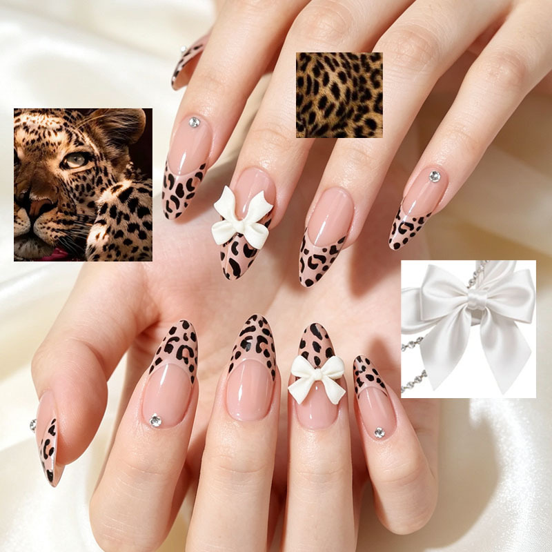 Cross-border hot-selling autumn and winter brown leopard print French 3D three-dimensional bow almond-shaped press-on nails wholesale Cross-border hot-selling autumn and winter brown leopard print French 3D three-dimensional bow almond-shaped press-on nails wholesale