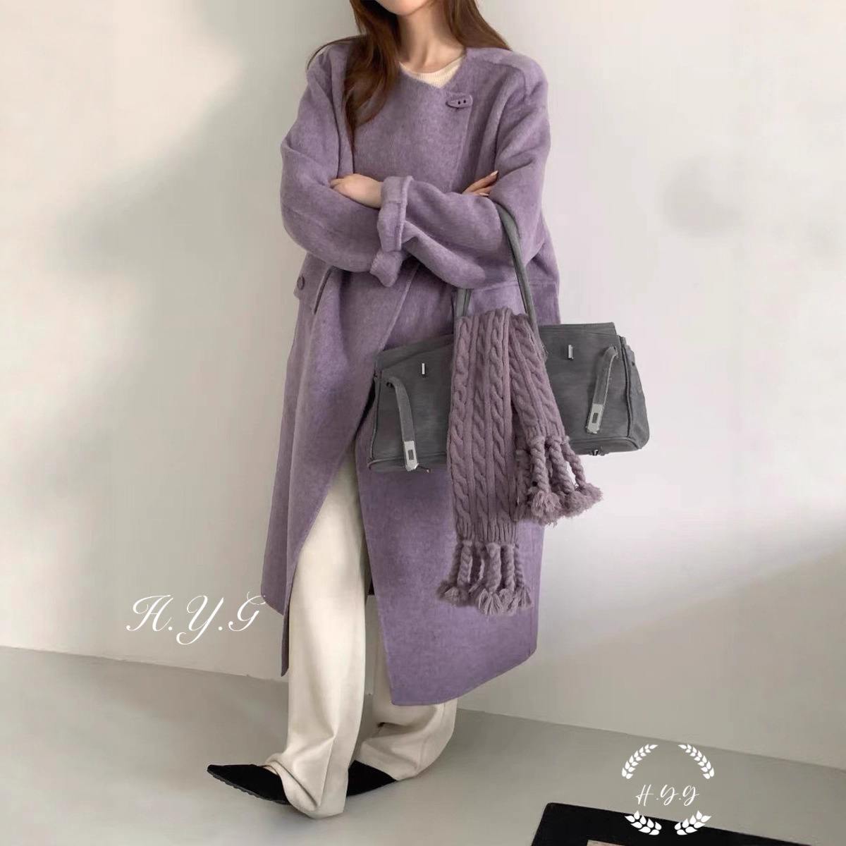[Rosemary] Autumn and Winter New European Version Loose Scarf Style Alpaca Purple Double-Sided Wool Outwear Jacket for Women