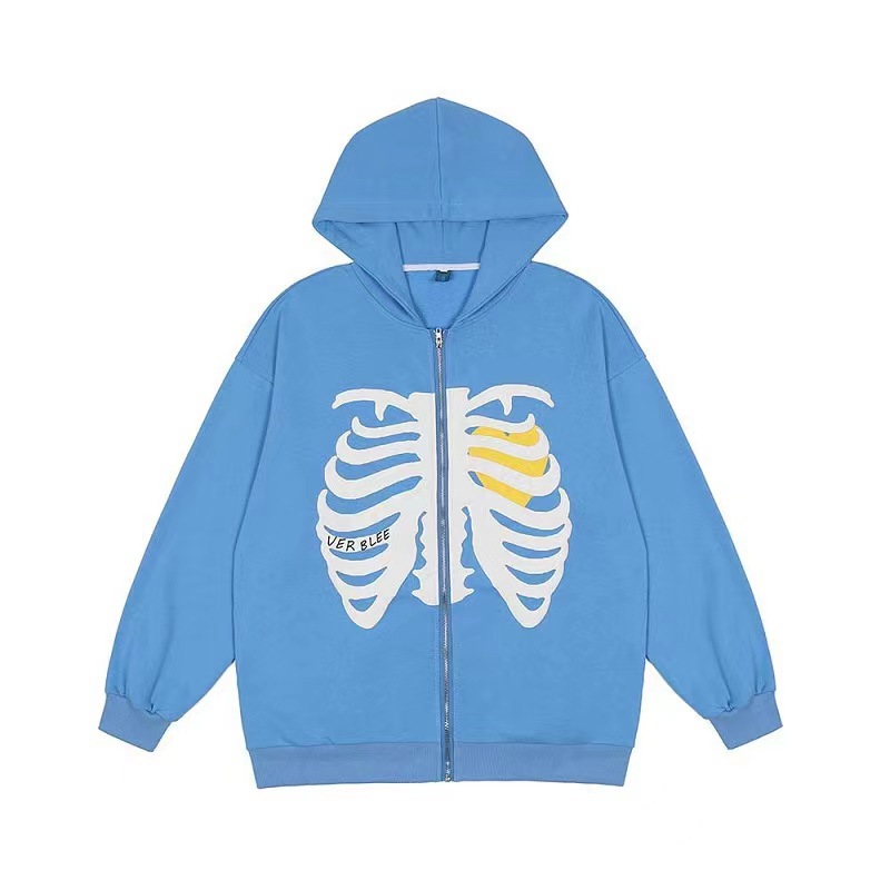 2023 New Cardigan Sweatshirt Side Pocket Skull Chest Bone Print Spring Autumn Fleece Hoodie Jacket_voghion.com