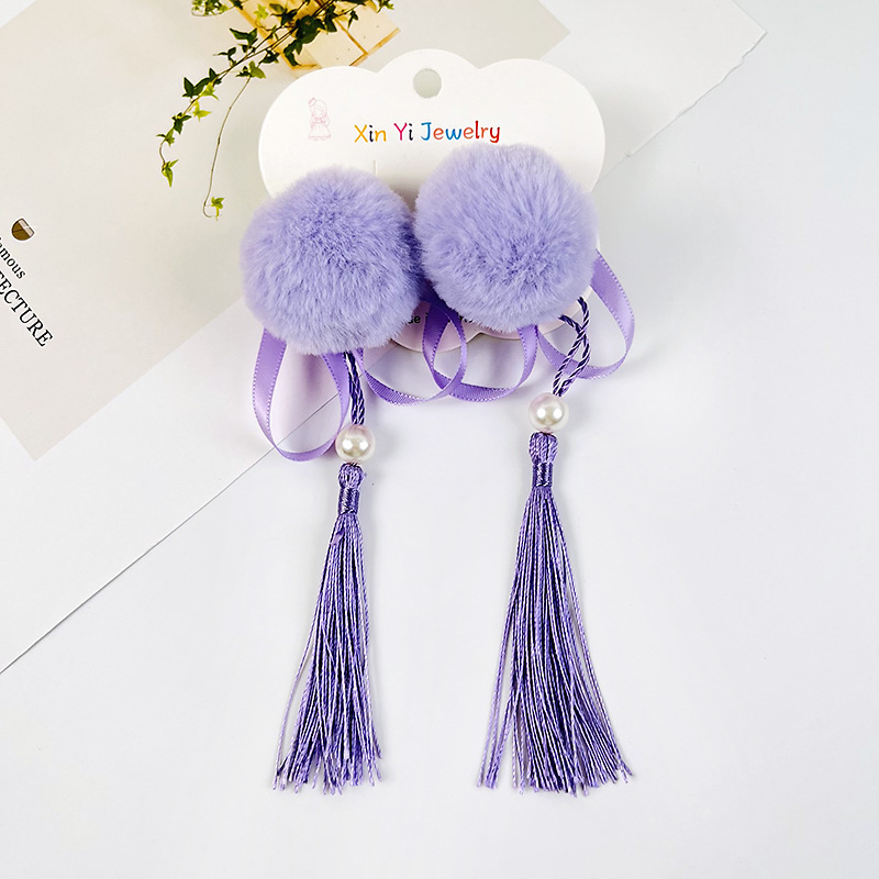 Bola de piel grande clip de pico de pato para niñas Hanfu estilo antiguo tocado de tela horquilla larga borla horquilla no duele el clip lateral del cabello hembra