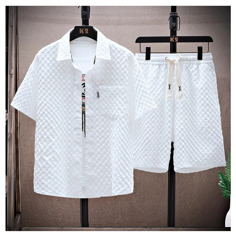 Thin sports leisure two-piece 2024 summer ice silk suit men's ruffian handsome fashion short sleeve shirt shorts set Thin sports leisure two-piece 2024 summer ice silk suit men's ruffian handsome fashion short sleeve shirt shorts set