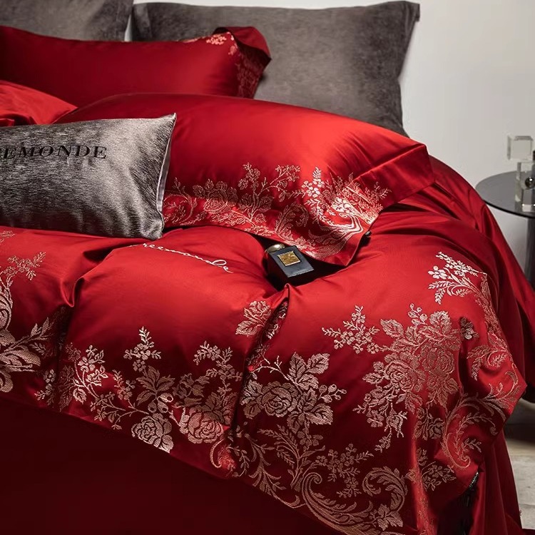 High-grade wedding 100s Australian cotton cotton four-piece set floral embroidery red cotton quilt cover bedding wedding