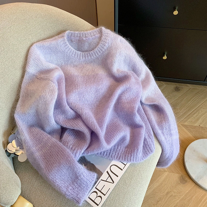 Purple autumn knitted sweater with a round collar