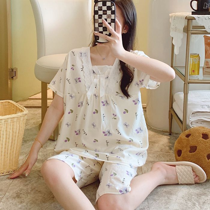 Pijamas transfronterizos al por mayor para mujer verano nube de algodón con cuello en V encaje de encaje de manga corta pantalones cortos de dos piezas servicio a domicilio informal