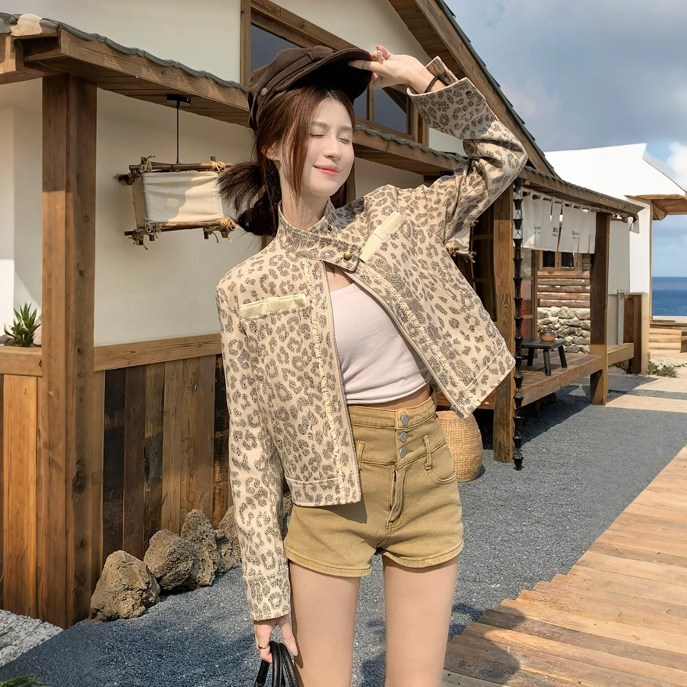American Retro Short Leopard Print Biker Jacket Limited Edition Niche Vintage Fashion Stand Collar Jacket for Petite Women Autumn