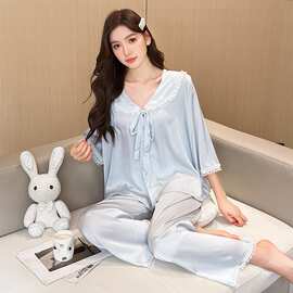 春秋季新款冰丝睡衣女纯欲风娃娃领蕾丝花边甜美家居服两件套批发