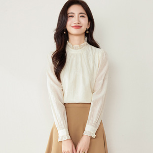 Vintage Chinese Style Embroidered Long Sleeve Chiffon Shirt Women's Spring 2025 Early Spring New Fashionable Elegant Inner Top