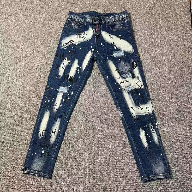 New Jeans Trendy Brand D2 Patch Washed Graffiti Slim-Fit Stretch Foot Splash Ink Ripped Trendy Pants