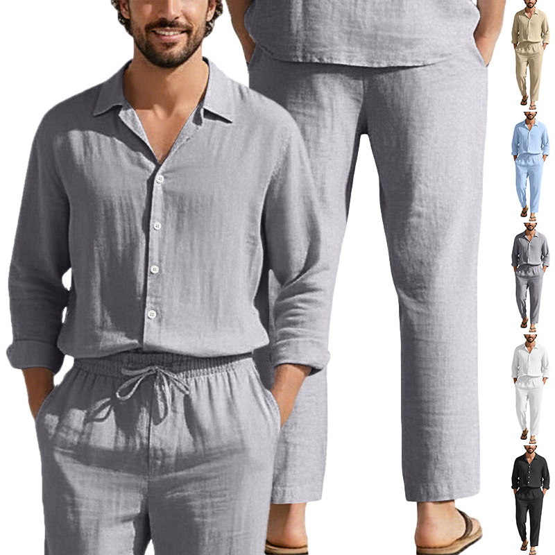 Estación independiente transfronteriza Europa y América cuatro estaciones lino transpirable ocio playa suelta protección solar camisa de mangas largas pantalones largos set hombre