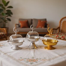 跨境新品中东干果盘家用创意圆形零食防尘蛋糕点心展示架可供资质