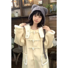 韩版秋冬季高级感外套羊羔毛牛角扣中长款设计感呢子加绒加厚大衣