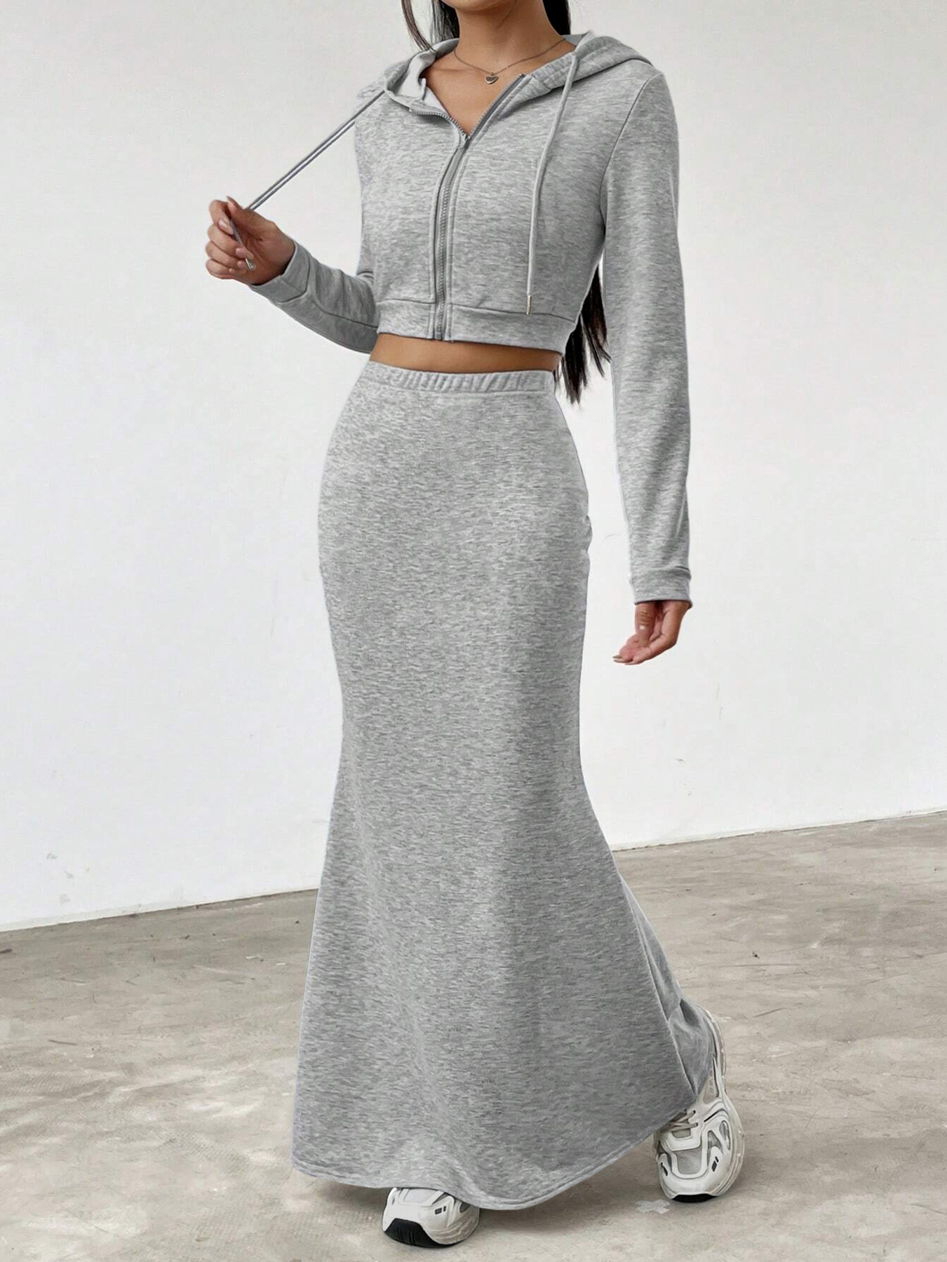 Damkläder långärmad tröja med huva med dragkedja och höftlindad lång kjol kostym fritidskläder för kvinnor_voghion.com