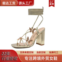 定制款方头粗跟高跟凉鞋蝴蝶交叉绑带性感欧美风春季高跟凉鞋女款