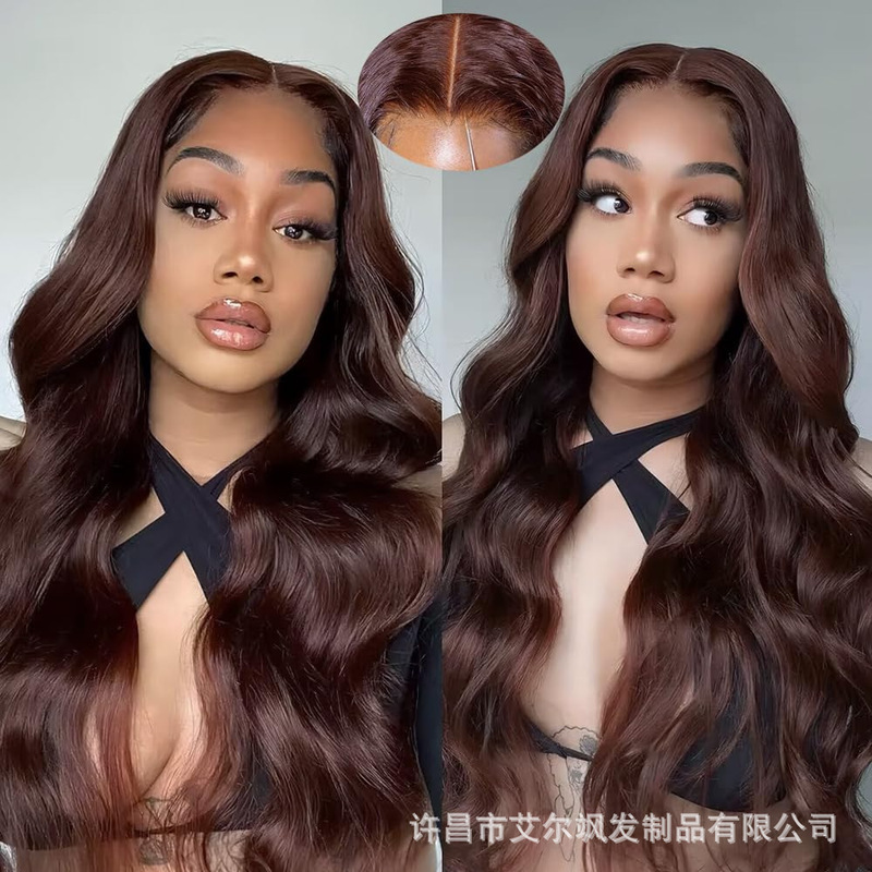 Real hair wig 5x 5 glue-free chocolate color a generation of Xuchang front lace real hair wig lace headgear