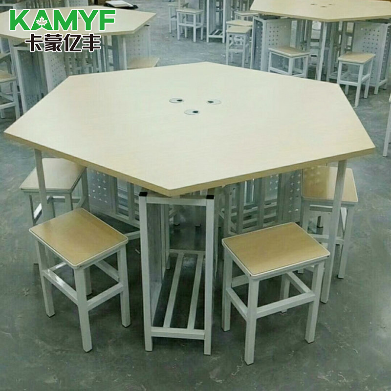 多功能六角桌学校机房钢木结合六角桌  微机室简约式六角桌