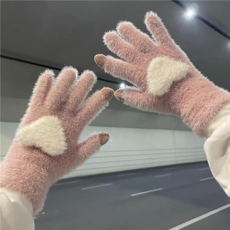 Nuevo amor de pantalla táctil guantes de peluche al aire libre de cinco dedos lindo tejido otoño invierno calentamiento a prueba de viento guantes de invierno para chicas