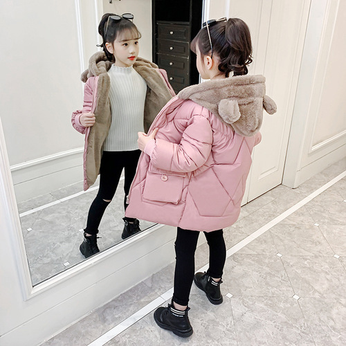 Winter New Girls' Cotton Jacket Korean Style for Middle Children, Thick Medium-Length Padded Hooded Bear Fleece Coat Trendy