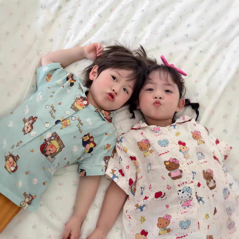 Summer Kidsren's Class a Pure Cotton Double-Layer Gauze Home Clothes Set for Boys and Girls, Lapel Cardigan, Cartoon Family Pajamas Summer Kidsren's Class a Pure Cotton Double-Layer Gauze Home Clothes Set for Boys and Girls, Lapel Cardigan, Cartoon Family Pajamas