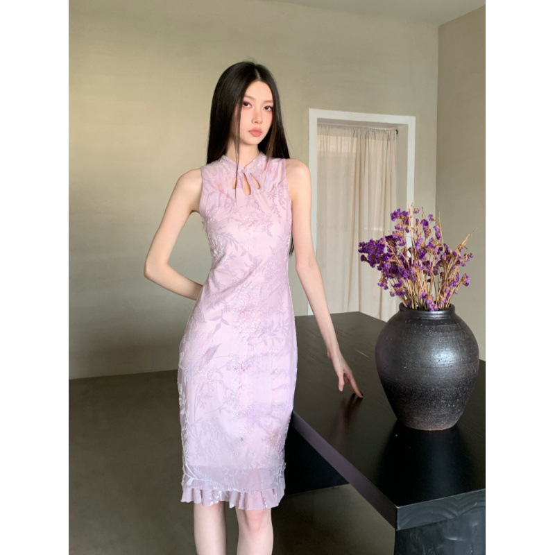 Pink-Purple Slim-Fit Sleeveless Short Cheongsam Dress