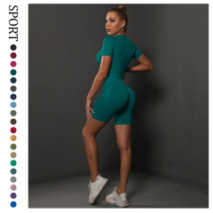 春夏新款無縫針織瑜伽服套裝女蜜桃臀提臀緊身短褲跑步運動健身服