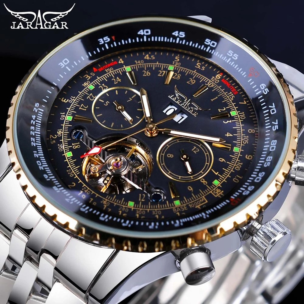 Jaragar stor urtavla tourbillon mekanisk klocka Herrmode casual stålbandsklocka med kalender_voghion.com