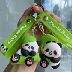 卡通抱竹熊猫钥匙扣软胶公仔书包挂件汽车钥匙链抓娃机小礼品批发