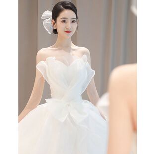 Strapless French-Style Light Wedding Dress 2022 New Elegant Bride Luxurious Train Court Style Simple Petite Summer