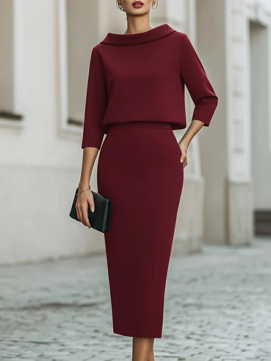 Elegantes Damen Set Mit Boot Ausschnitt Top Und Rock_voghion.com