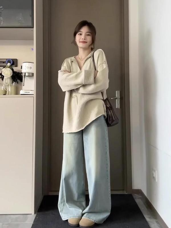 美式复古针织衫女秋季新款宽松慵懒风v领长袖毛衣显瘦设计感上衣|undefined