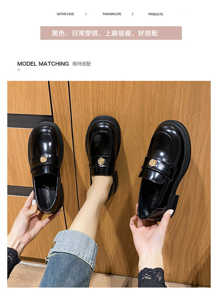 Giày lười nữ da phong cách Anh khóa xu, đế dày gót 3–5 cm, mũi tròn, size lớn — Màu Đen/lót nhung, Màu đen/lót một lớp chi tiết 5