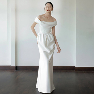 High-End Satin Light Wedding Dress 2025 New One-Shoulder White Simple Niche Elegant Welcome Outing Gauze Dress