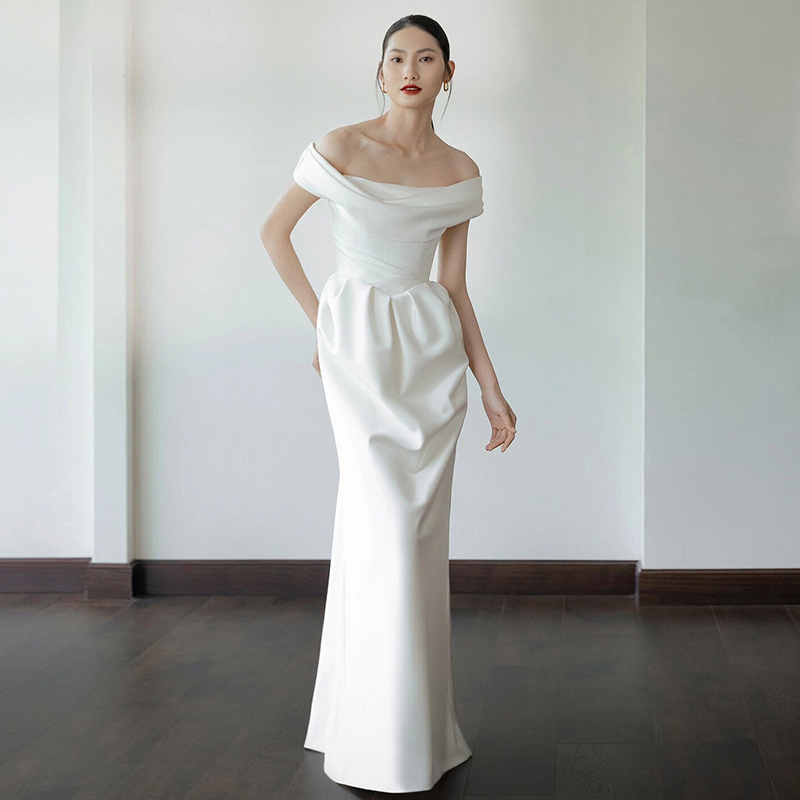 High-End Satin Light Wedding Dress 2026 New Style Off-Shoulder White Simple Niche Elegant Reception and Departure Dress