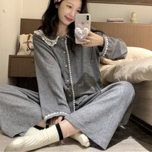 韩国ins女士秋冬新款韩版加厚可爱毛巾绒蕾丝花边拼接家居服套装