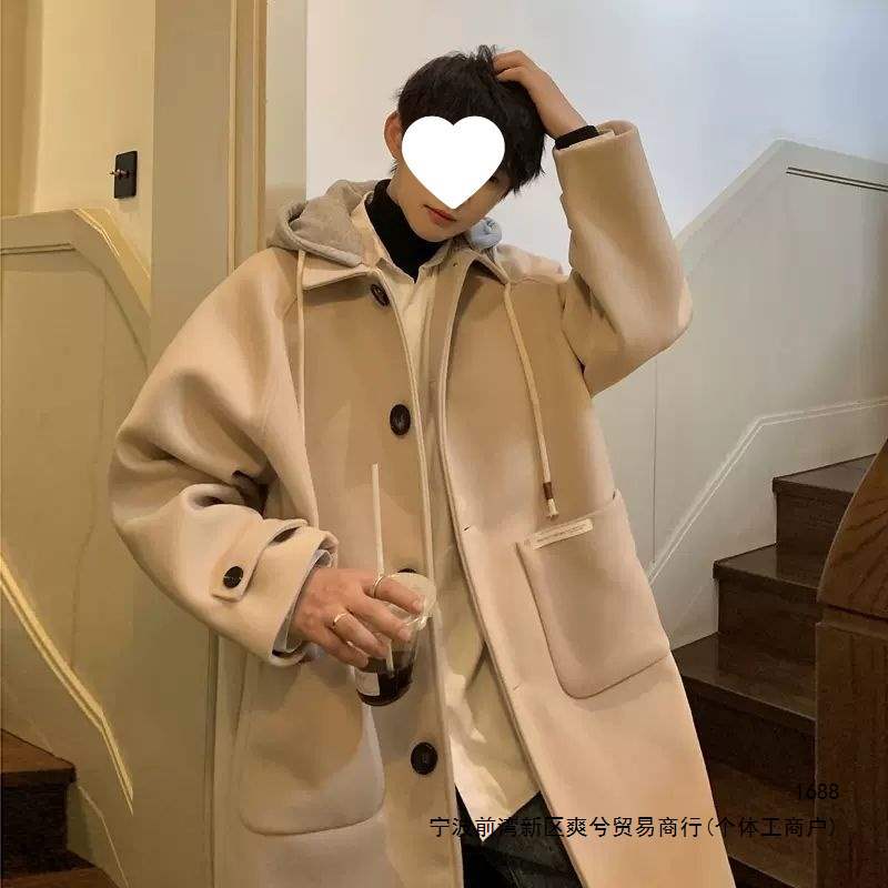 Mid-length hooded wool coat for men, spring and autumn, Hong Kong style trendy brand, loose-fitting jacket, trench coat, in stock.