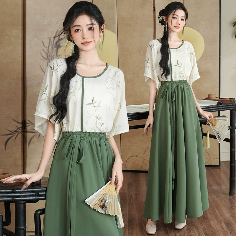 Summer megaphone with a round collar, retro Hanfu, long skirt, set, Chinese style