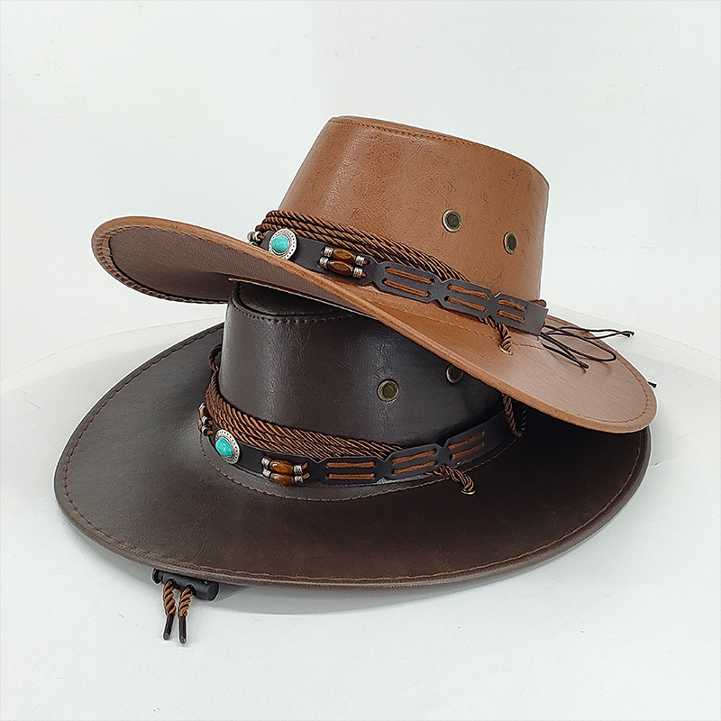 Unisex Ethnischer Windschatten Western Cowboyhut Glänzender Retro Leder Outdoor Sonnencreme Gerollter Ritterzylinder_voghion.com