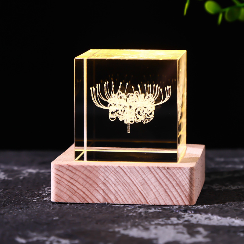 Cubo de cristal decoración interruptor de luz cálida base de madera talla interior Luna Sistema Solar Galaxy decoración de escritorio regalo de niña