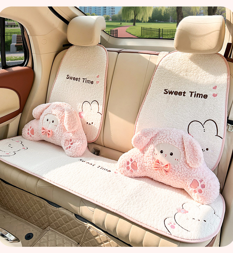 Cute Car Headrest and Lumbar Support, Comfortable Car Neck Pillow, Cartoon Creative Plush Bunny Car Lumbar Support Pillow