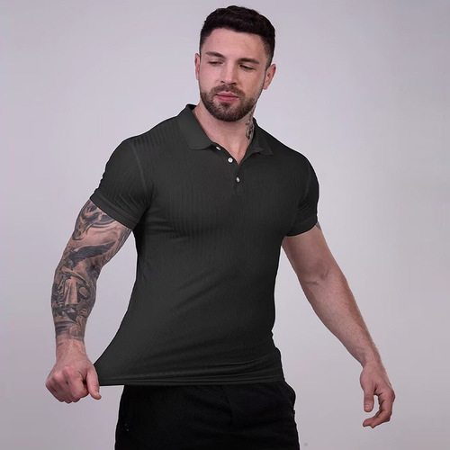 Stylish Muscle Men High-Elastic Knit Iron-Free Slim Fit Polo Shirt Fitness Sports Fashion Wrinkle-Resistant High-End Short Sleeve